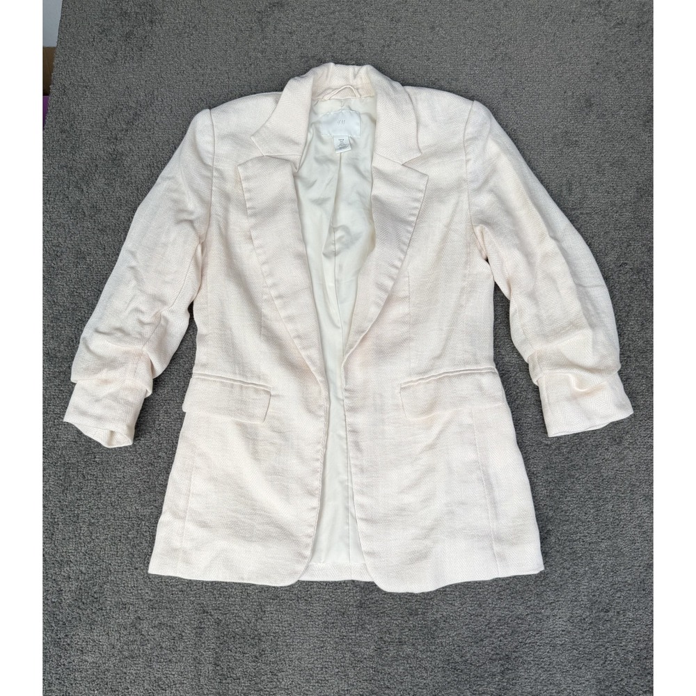 HM Womens Ruched 3/4 Sleeve Blazer Cream Herringbone Open Front Size S